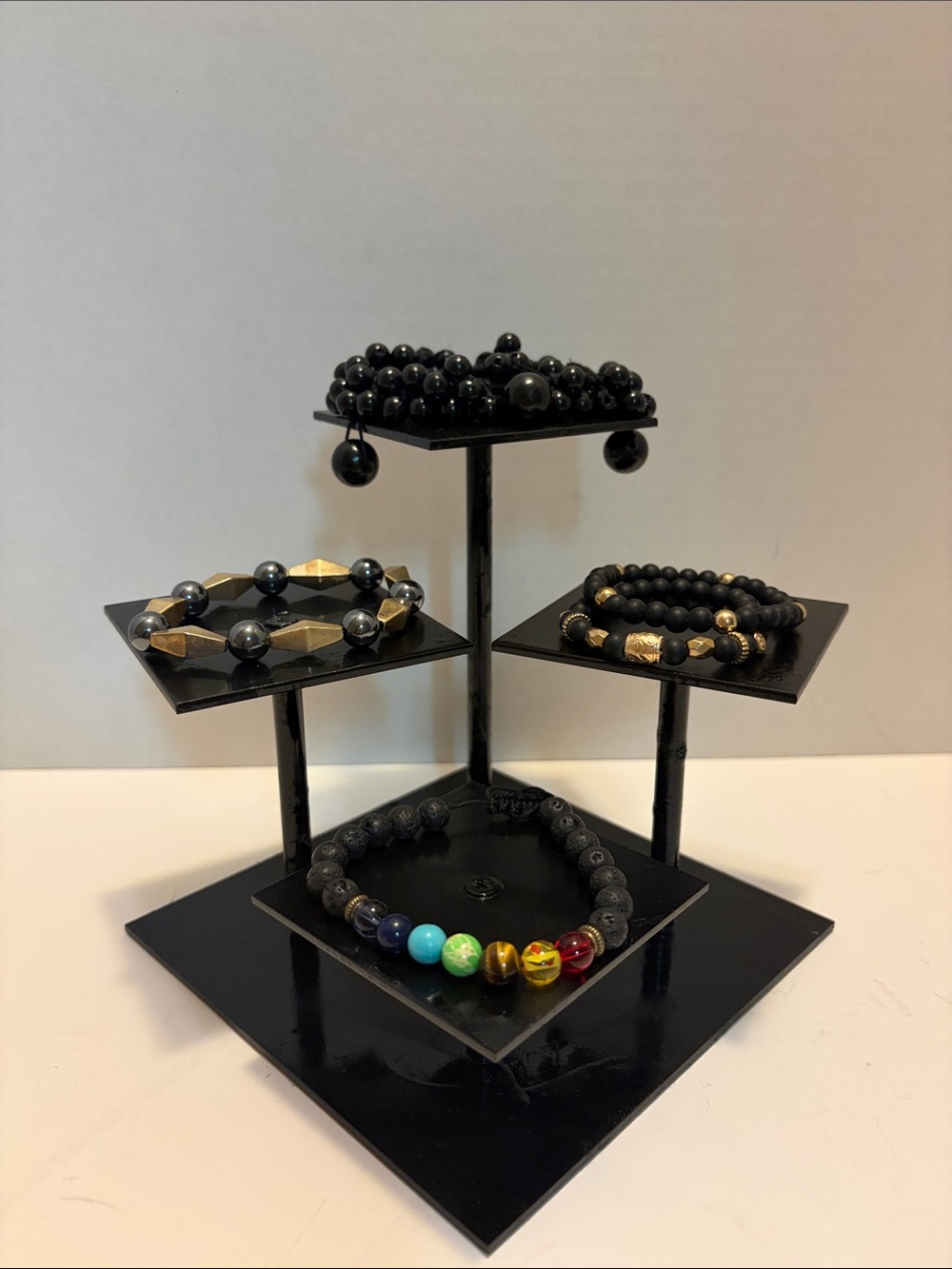 Black Beaded Stretch Bracelet Stack with Gold Accent Beads